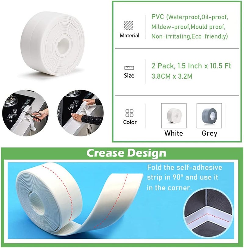 UIOCSSC 2 Pack Caulk Strip, 1.5" x 10.5Ft PVC Self Adhesive Caulk Tape, Sealing Waterproof Silicone Tape for Bathroom Bathtub Kitchen Toilet Wall Windows - Image 2